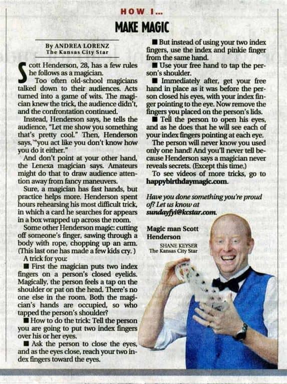 Kansas City Star feature 'How I... Make Magic' by Andrea Lorenz, with portrait of Scott by photographer Shane Keyser