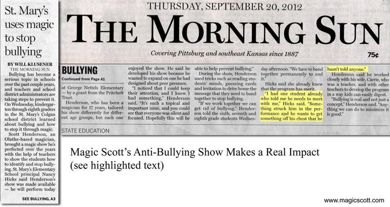 The Morning Sun, Pittsburg KS, September 20, 2012: 'St. Mary's uses magic to stop bullying' — feature on Scott's anti-bullying school program at George Nettels Elementary