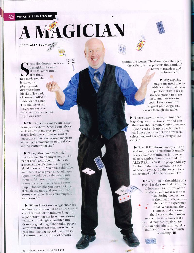 Full-page 435 Magazine feature, October 2018: 'What It's Like to Be… A Magician,' photograph of Scott mid-throw with playing cards cascading through the air, photo by Zach Bauman