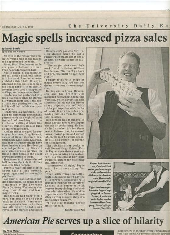 The University Daily Kansan, July 7 1999: 'Magic spells increased pizza sales' — Trevor Bundy feature on Scott's restaurant magic at the Lawrence Pizza Co.